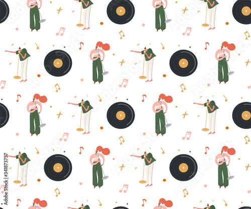 Music festival flat vector seamless pattern. Music fest, pattern of live music translation. Seamless pattern with singers on the topic of online concert. 