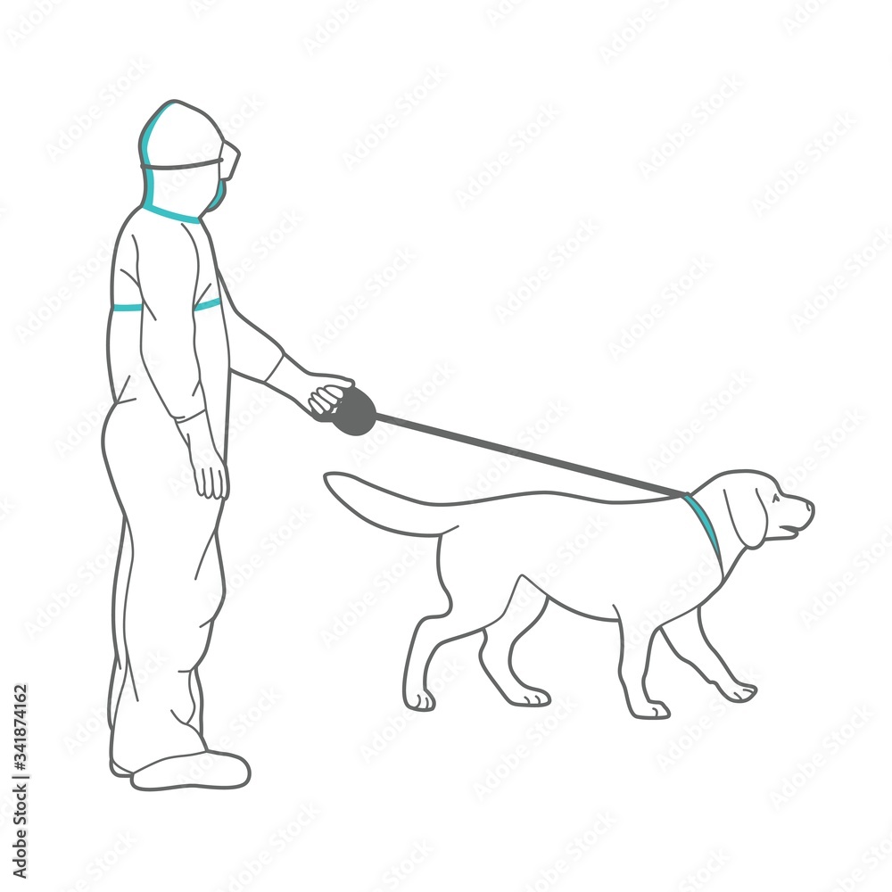Man in protective suit and respirator is walking a dog. Line art illustration of people with pets on the street. Man in protective suit and respirator is walking a dog. Line art illustration of people with pets on the street.