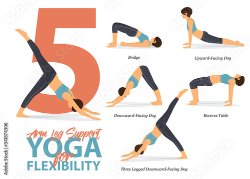 Infographic of 5 Arm and Leg Support  Yoga poses for Easy yoga at home in concept of flexibility in flat design. Woman is doing exercise for body stretching. Set of yoga at home infographic . Vector.