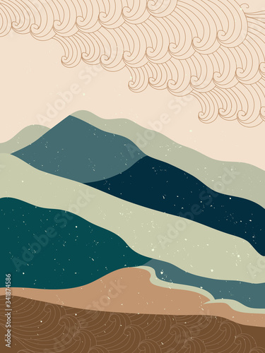 Abstract mountain landscape poster. Geometric landscape background in asian japanese style. vector illustration