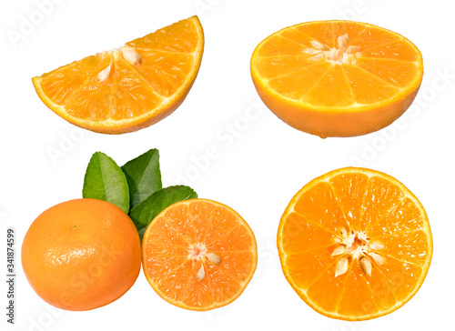 Fresh orange isolated on a white background, Mandarin orange with green leaf isolated on white background,
