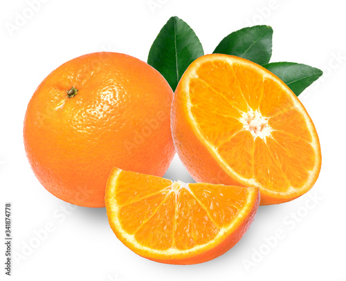 Fresh orange isolated on a white background, Mandarin orange with green leaf isolated on white background,