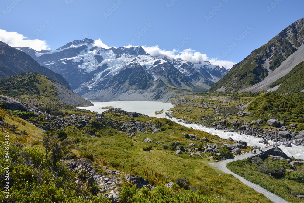 View of Mueller Lake in the Hooker Valley, New Zealand