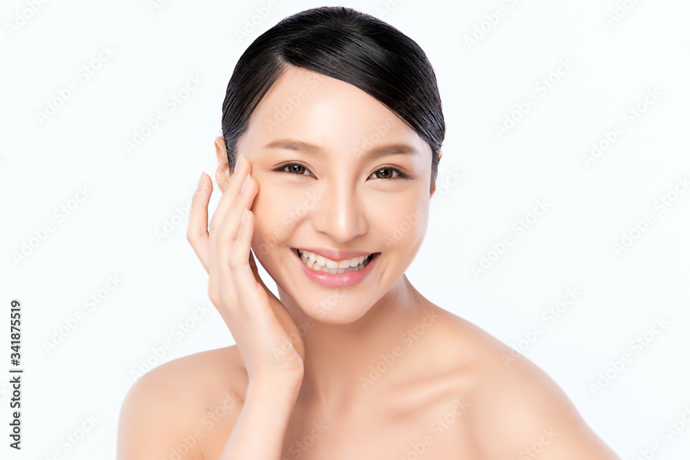 Beautiful Young Asian Woman with Clean Fresh Skin. Face care, Facial treatment, Cosmetology, beauty and healthy skin and cosmetic concept, woman beauty skin isolated on white background Beautiful Young Asian Woman with Clean Fresh Skin. Face care, Facial treatment, Cosmetology, beauty and healthy skin and cosmetic concept, woman beauty skin isolated on white background