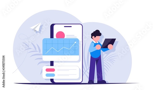 Concept of data analysis at the launch of a new startup. People with a laptop in the background of a mobile phone. Modern flat vector illustration.