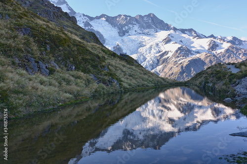 Reflecting mountains and glaciers in a pond, Mount Cook NP, New Zealand