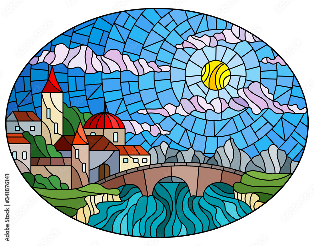 Illustration in stained glass style with the old town and bridge over a river with mountains in the background, the cloudy sky and sun, oval image