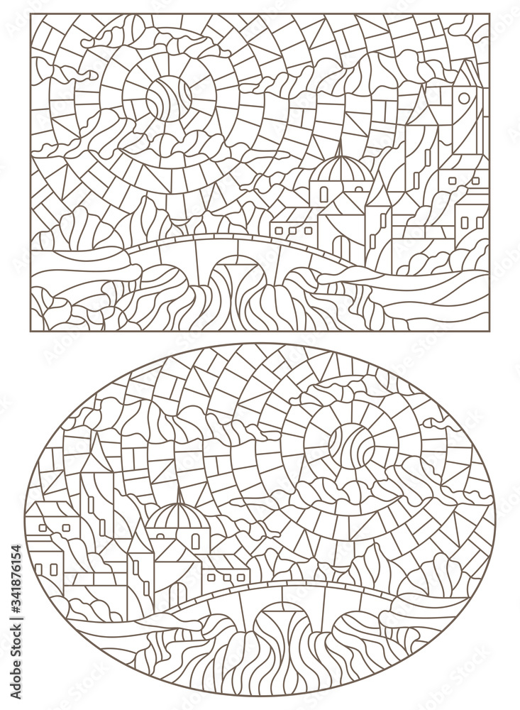 Set contour illustrations of the stained glass Windows with landscapes,   the old castle by the river, dark contours on a white background