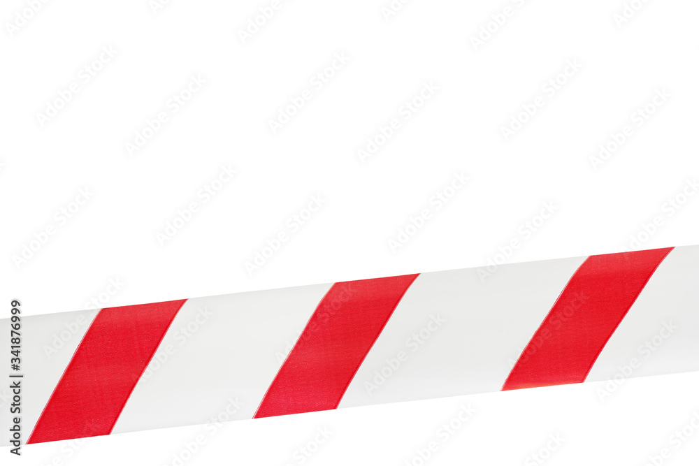 One red and white warning tape on an isolated white background, stretched across. Concept for protecting people from coronavirus infection. Coronavirus, Covid-19 One red and white warning tape on an isolated white background, stretched across. Concept for protecting people from coronavirus infection. Coronavirus, Covid-19