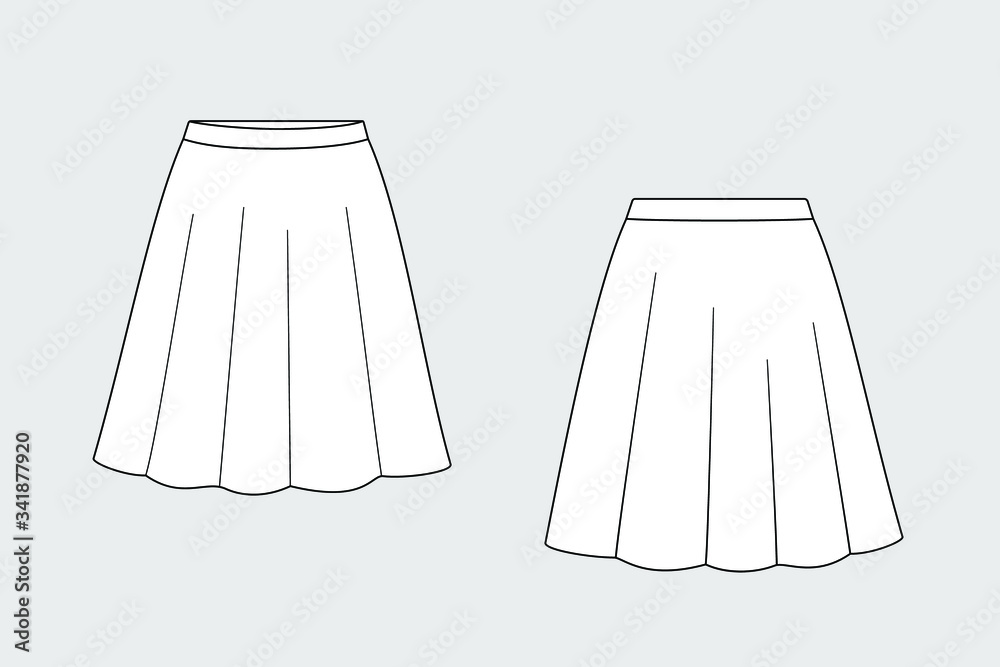 Female pleated skirt vector template isolated on a grey background. Front  and back view. Outline fashion technical sketch of clothes model. Stock  Vector | Adobe Stock