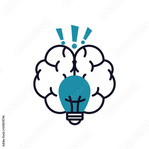mental health concept, brain with exclamations marks and bulb, half line half color style