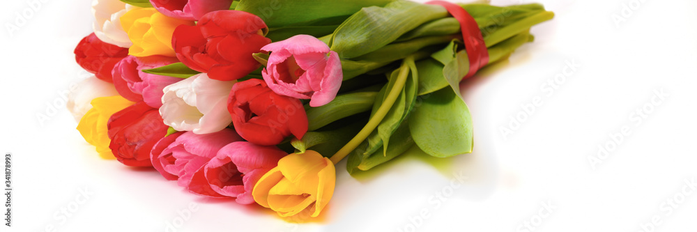 Bouquet of fresh, bright, multi-colored tulips on a white background, isolated. Bouquet of fresh, bright, multi-colored tulips on a white background, isolated.