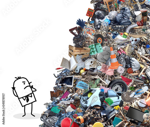 Worried cartoon man watching a big pile of garbage