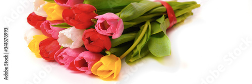 Bouquet of fresh, bright, multi-colored tulips on a white background, isolated.