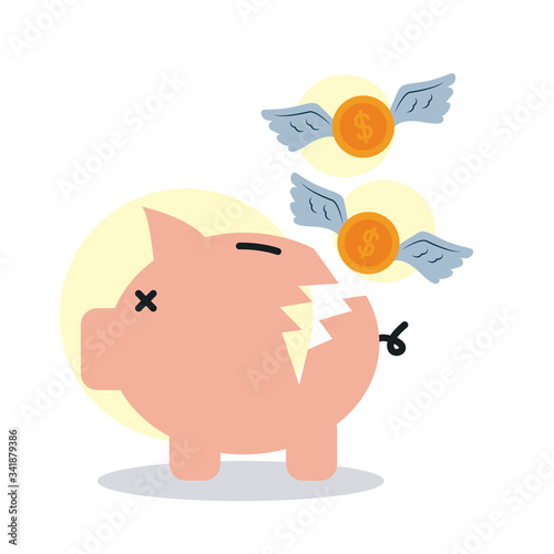 broken piggy bank and money coins with wings flying, colorful design