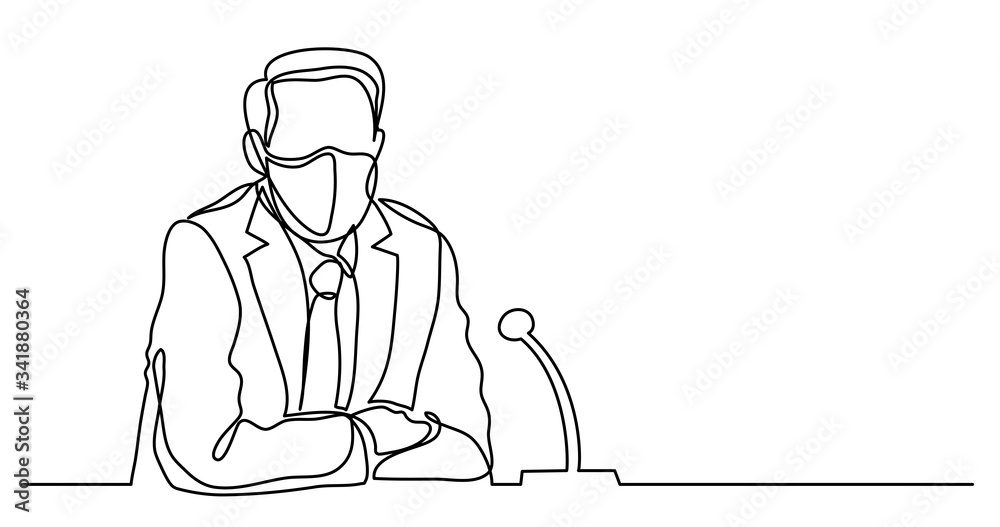 continuous line drawing of politician in protective masks speaking during briefing about coronavirus continuous line drawing of politician in protective masks speaking during briefing about coronavirus