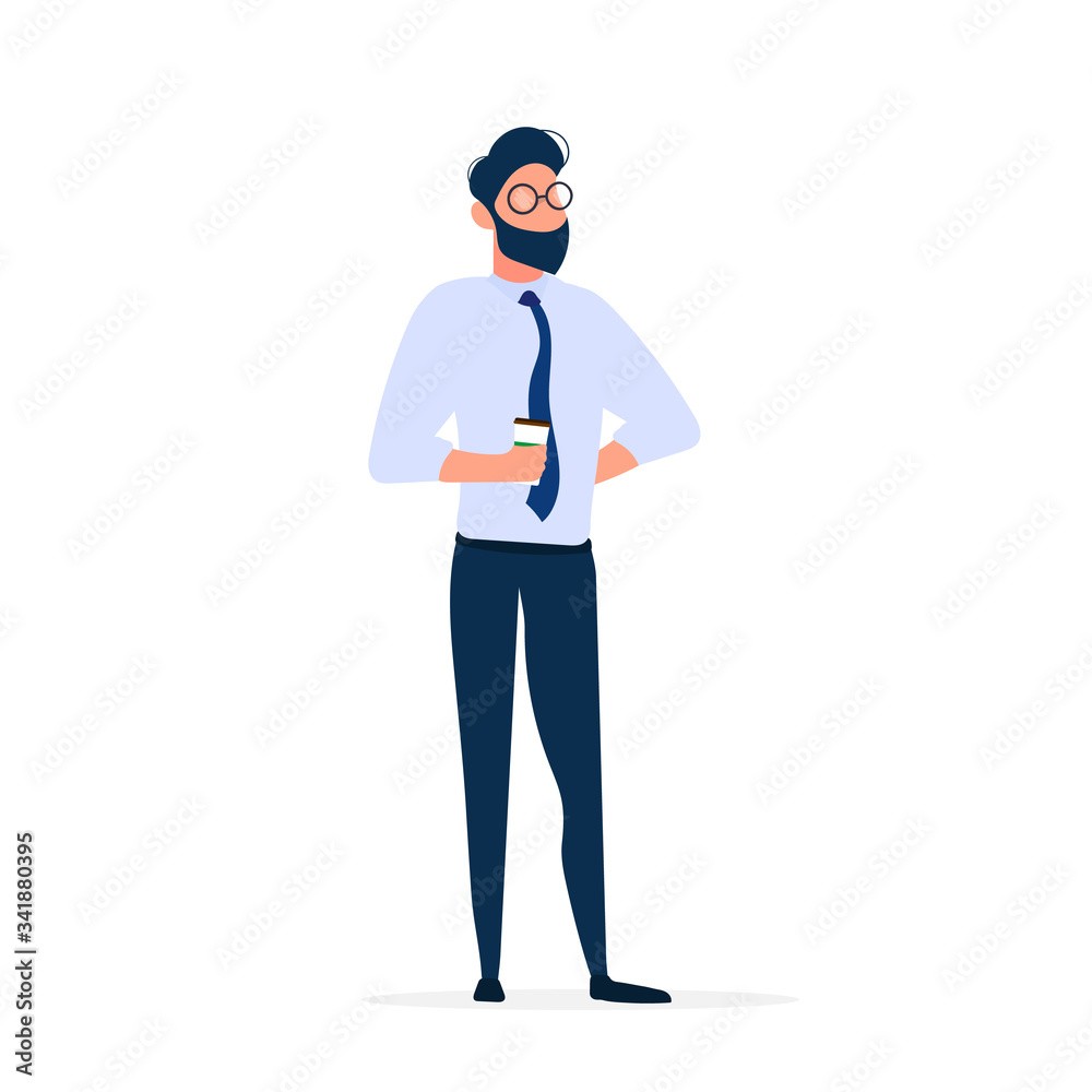Businessman with a cup of coffee. A man in a tie and trousers holds a plastic cup for coffee. Isolated. Vector.
