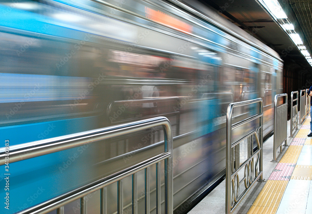 Speeding subway train in Seoul MRT station