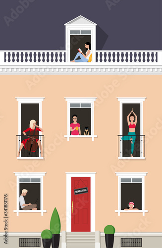 Facade of the house with People looking out of the Windows. Concept of "stay at home", self-Isolation, Quarantine and prevention of coronavirus (COVID-19). Vector Stock flat illustration