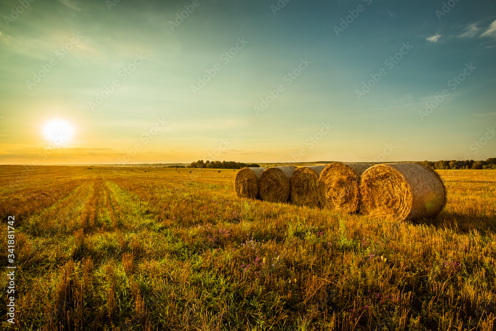Scenic Landscape With Group Of Straw Bales On Agricultural Field At Sunrise.