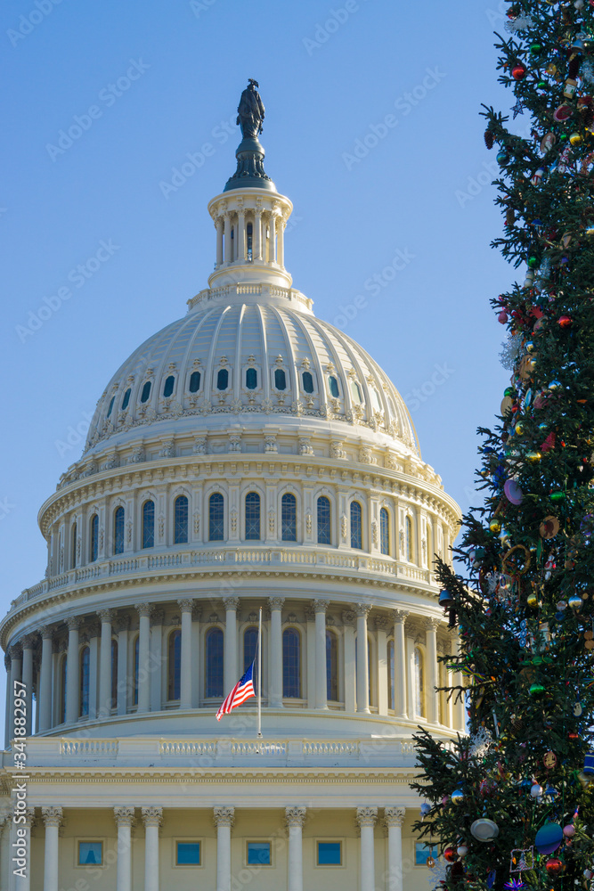 Obraz premium Kapitol Stanów Zjednoczonych z flagami USA przy połowie personelu, budynek Kapitolu Narodowego Waszyngton, USA
