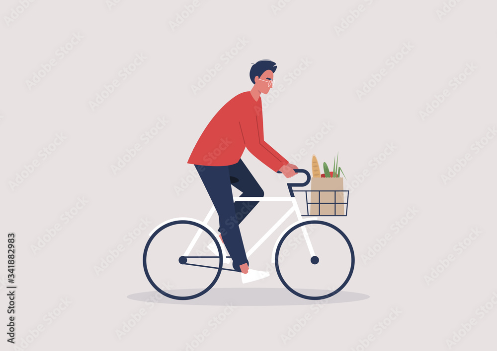 Young male character riding a bike, millennial lifestyle, daily routine Young male character riding a bike, millennial lifestyle, daily routine