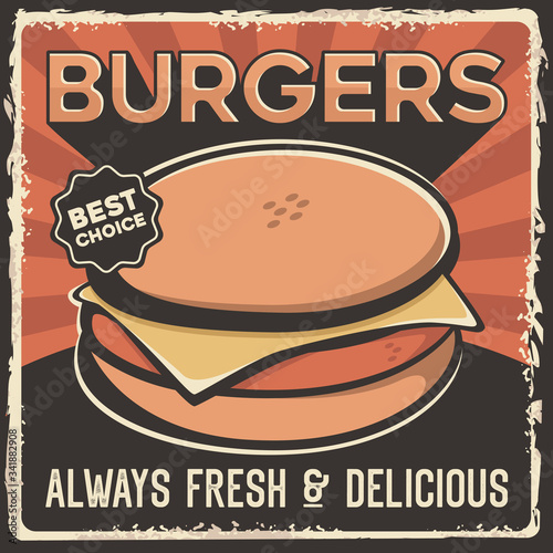 Burger Hamburger Beef Pork Chicken Cheese Signage Poster Retro Rustic Vector