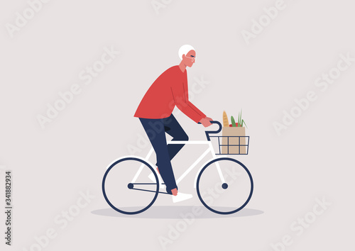 Young male character riding a bike, millennial lifestyle, daily routine