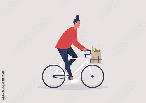 Young female character riding a bike, millennial lifestyle, daily routine