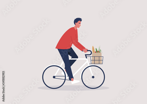 Young male character riding a bike, millennial lifestyle, daily routine
