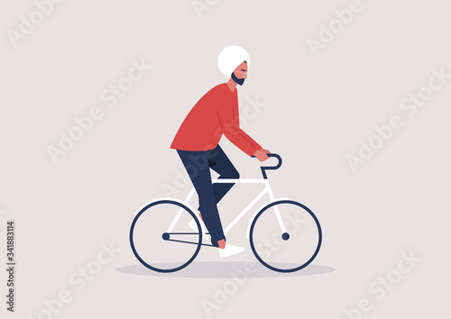 Young indian male character riding a bike, millennial lifestyle
