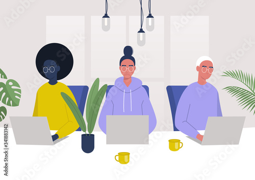 A diverse group of characters working together in the office, millennials at work