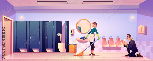 Cleaner woman and plumber in public toilet. Charlady with mop and handyman worker fixing urinals in wc restroom interior with cubicles, washbasin, mirror and liquid soap. Cartoon vector illustration