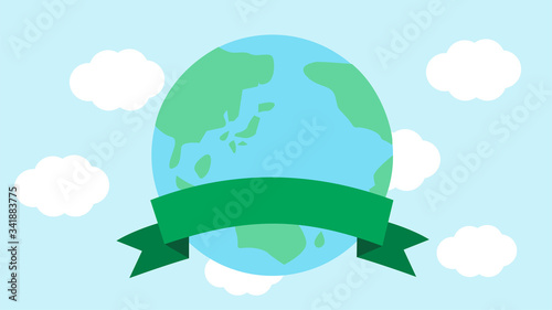 Earth with ribbon, planet in banner, 地球とリボン、世界、国際、ラッピングアース、エコロジー