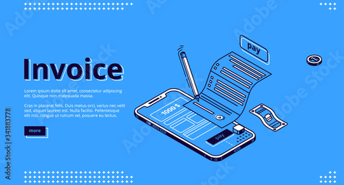 Invoice isometric landing page. Large bill for tax or service payment and smartphone screen with interface. Shopping, banking, accounting paycheck, smart technologies 3d vector line art web banner