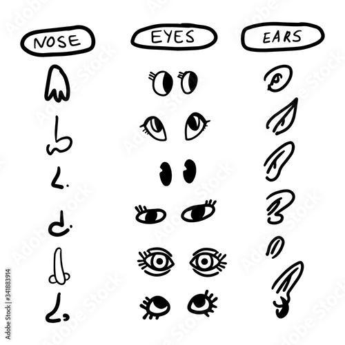 parts of the head and face. Doodle illustration of nose ears eyes. to collect the person different emotions. Vector illustration.