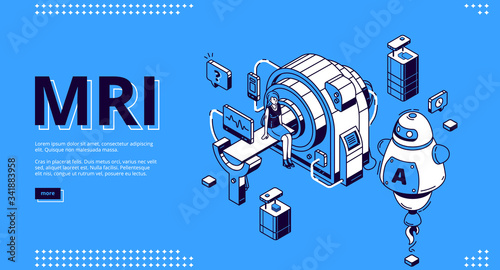 Mri scanner with patient and ai doctor isometric landing page. Woman in room for magnetic resonance imaging, digital technology in medicine diagnostic, ultrasonography 3d vector line art, web banner