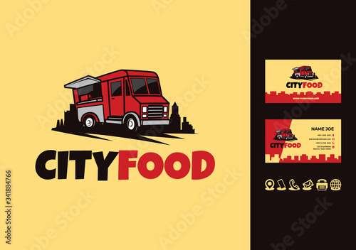 Food truck city logo with business card design vector
