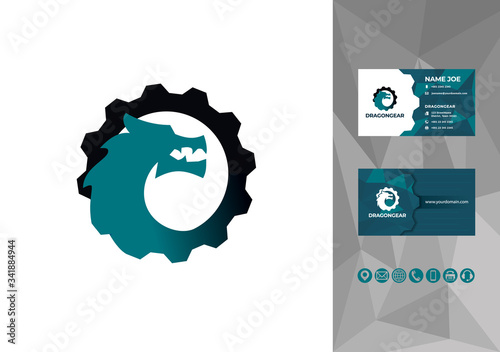 Dragon gear logo with business card design vector