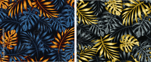 pattern drawing with gold and black tropical leaves on a dark background. Exotic botanical background design for cosmetics, spa, textile, hawaiian style shirt. wallpaper or fabric pattern.