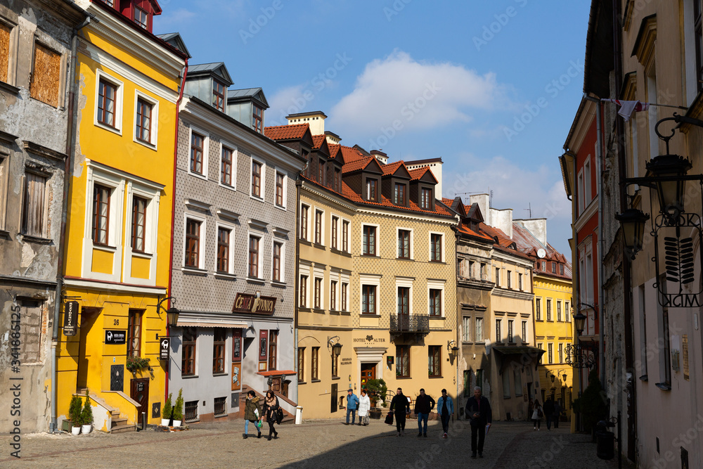 Streets in Lublin with old buildings at sunny day, Poland