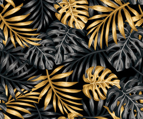Handdoek met foto Zwart goud patronen Tropische gouden bladeren donkere achtergrond  © SamsonFM