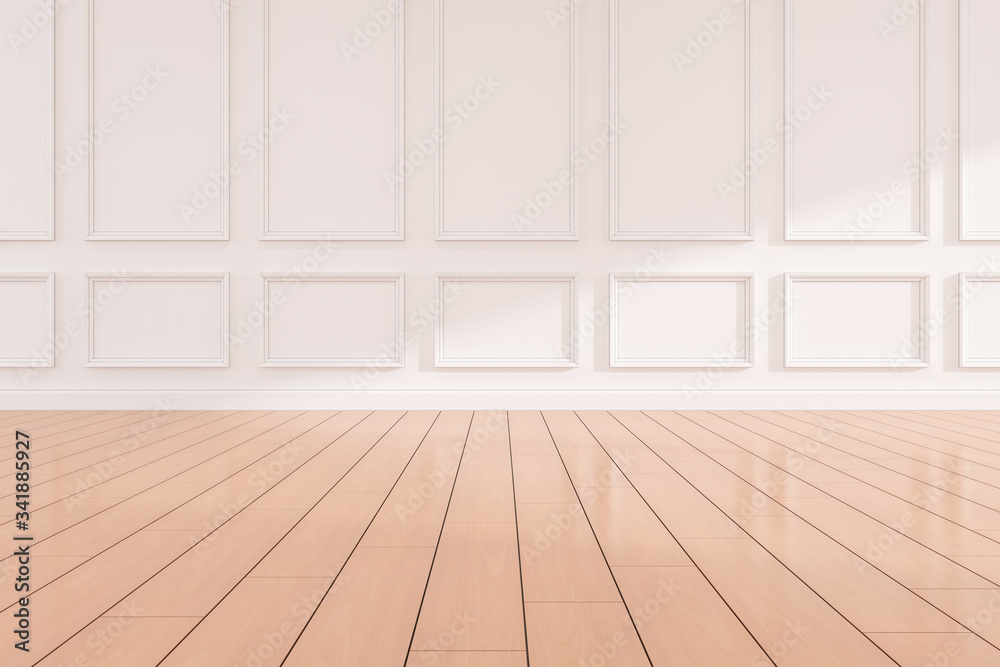 Mock-up of white empty room and wood laminate floor with sun light cast the shadow on the wall,Perspective of classic interior design. 3D rendering. Mock-up of white empty room and wood laminate floor with sun light cast the shadow on the wall,Perspective of classic interior design. 3D rendering.