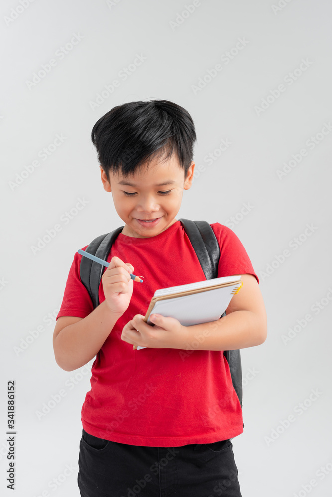 School boy with backpack writting something on his notebook, isolated on white. School boy with backpack writting something on his notebook, isolated on white.
