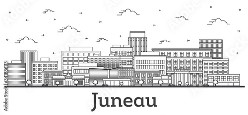 Outline Juneau Alaska City Skyline with Modern Buildings Isolated on White.