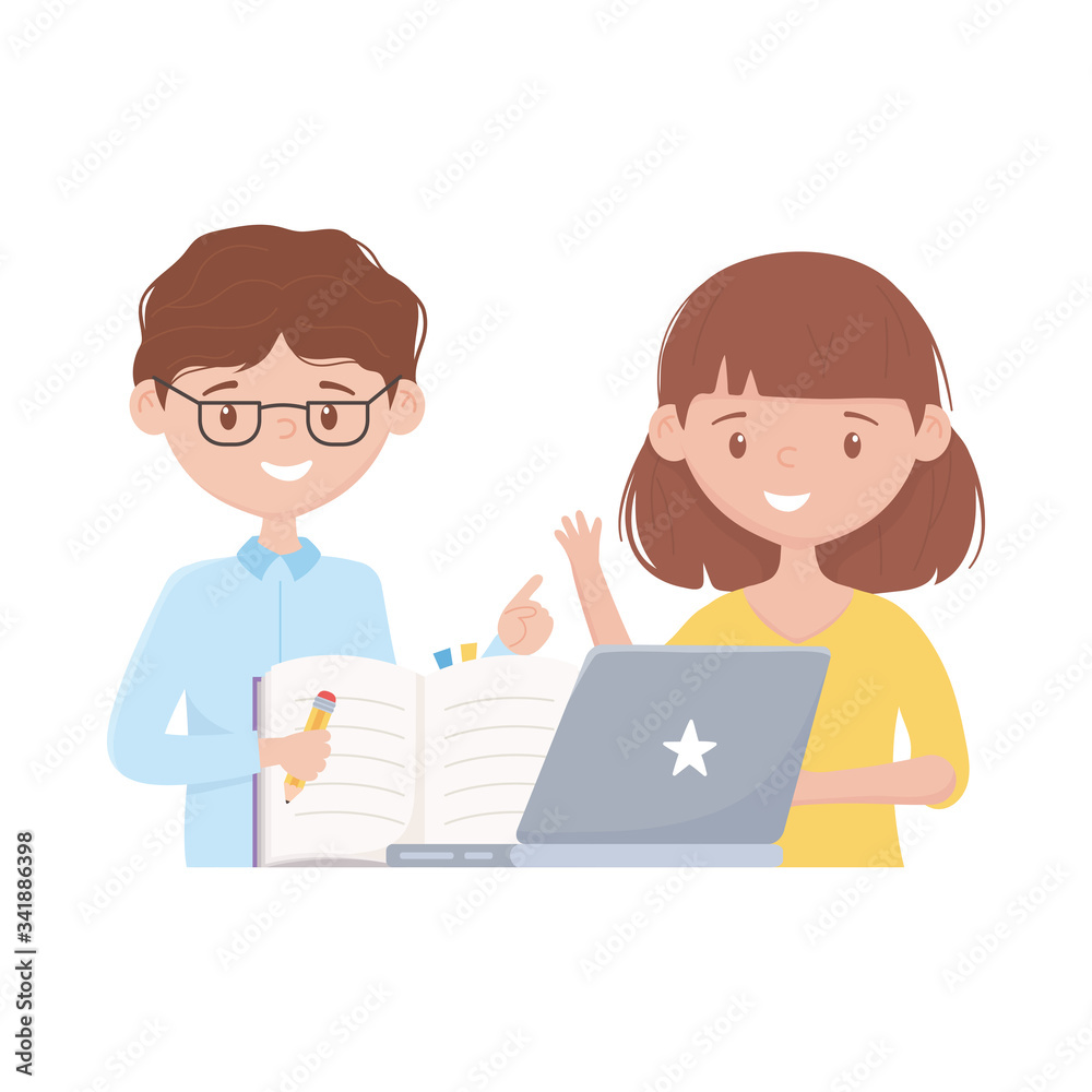 School girl boy laptop and book vector design School girl boy laptop and book vector design