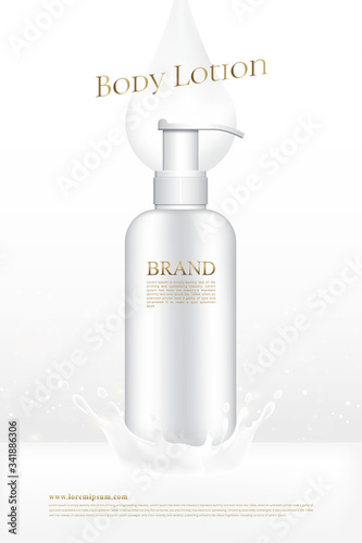 Poster cosmetics body lotion white background with 3d packaging