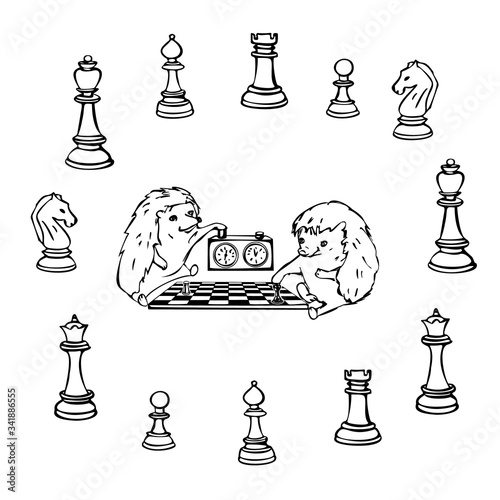 Coloring page. Hedgehogs play chess. Around them are chess pieces.