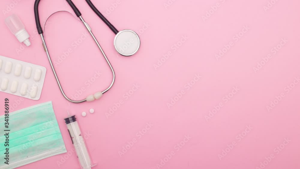 Medical instruments, equipment and pills appear on left side - Stop motion Medical instruments, equipment and pills appear on left side - Stop motion