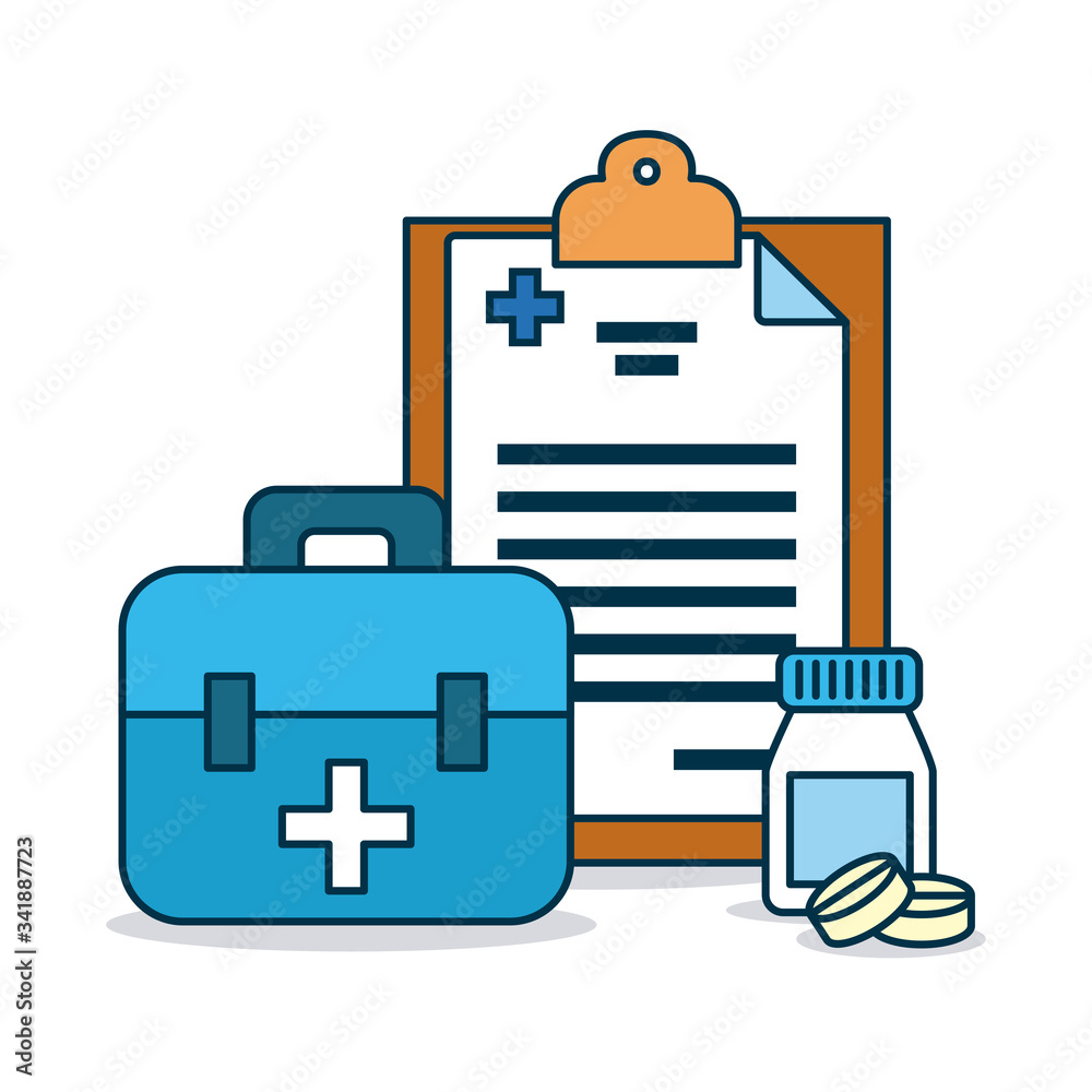 medical report, first aid kit and medicine pills bottle, colorful design medical report, first aid kit and medicine pills bottle, colorful design